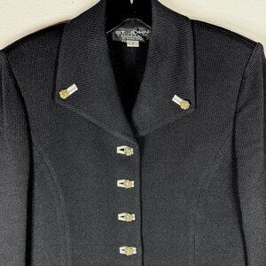 St John Collection Black Knit Jacket Sz 6 Marie Gray Gold Buttons White Trim